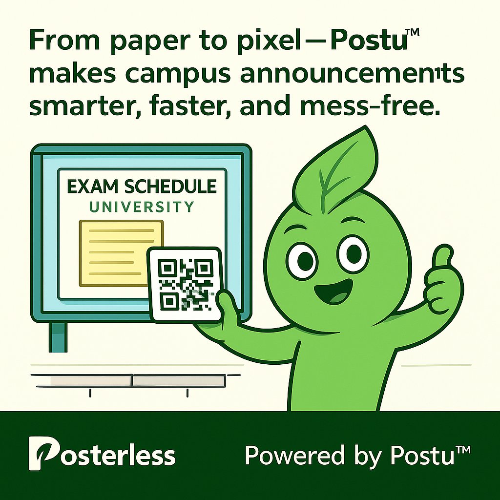 posterless's tweet photo. 📝 No more crowding around paper boards.
Exam schedules are now just a scan away.
Postu™ makes student updates instant and stress-free.

📝 নোটিশ বোর্ডে ভিড় নয়, এখন এক স্ক্যানে পাওয়া যাবে পরীক্ষার সময়সূচি।
Postu™ রাখে ছাত্রজীবন হালকা আর হাই-টেক।

🔖 
#Posterless #CampusSmart #PostuTheHelper #ExamUpdate #UniversityNotice #DigitalClassroom #NoMorePosters #StudentTech #SmartCampus