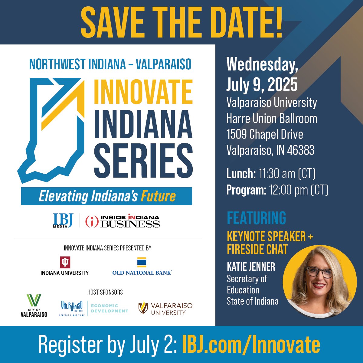 IBJ News (@ibjnews) on Twitter photo š£ Northwest Indiana ā weāre headed your way! Join us at <a href="/ValpoU/">Valparaiso University</a> on July 9 for a conversation on regional growth.
Featuring <a href="/SecJennerIN/">Dr. Katie Jenner</a>, Indiana Secretary of Education, in a keynote + fireside chat.
Reserve your seat or corporate table now: ow.ly/fl7p50W2Mi0! š£ Northwest Indiana ā weāre headed your way! Join us at <a href="/ValpoU/">Valparaiso University</a> on July 9 for a conversation on regional growth.
Featuring <a href="/SecJennerIN/">Dr. Katie Jenner</a>, Indiana Secretary of Education, in a keynote + fireside chat.
Reserve your seat or corporate table now: ow.ly/fl7p50W2Mi0!