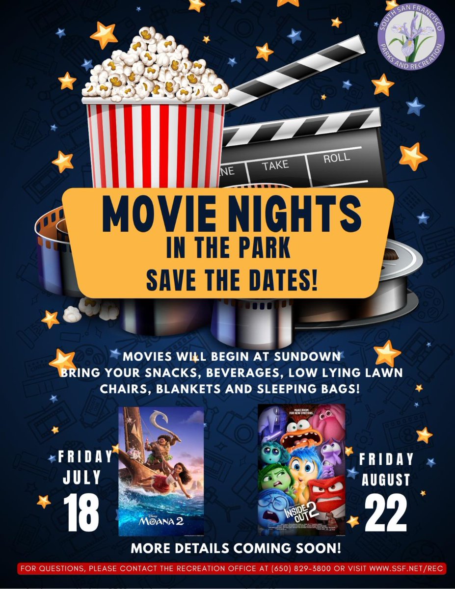Save the Dates for Movie Nights in the Park! 🌟🌙
🗓️ FRI 7/18 – Moana 2 
🗓️ FRI 8/22 – Inside Out 2
Movies begin at sundown (approx. 8:10pm/8:20 p.m.)
🎒Don’t forget your snacks, drinks, low lying lawn chairs, blankets, and sleeping bags!
Details: ssf.net/PandREvents