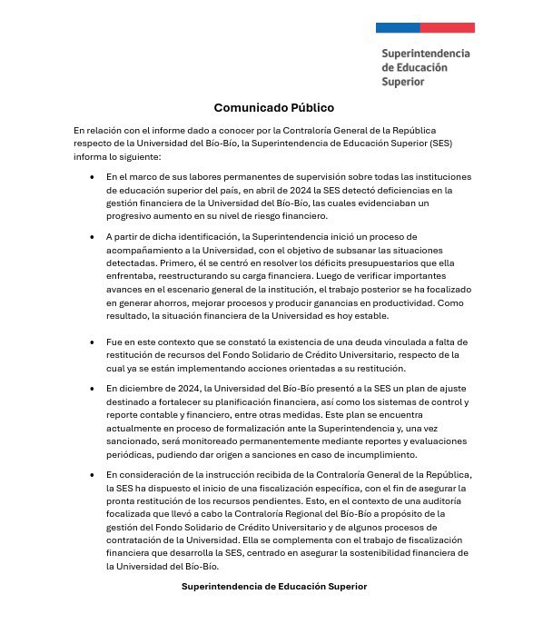 📢 La Superintendencia de Educación Superior informa lo siguiente: 

🔴 En consideración de la instrucción recibida de parte de la @contraloriacl, la SES ha dispuesto una fiscalización a la <a href="/ubbchile/">U. del Bío-Bío</a>, con el fin de asegurar la restitución de recursos pendientes al Fondo Solidario