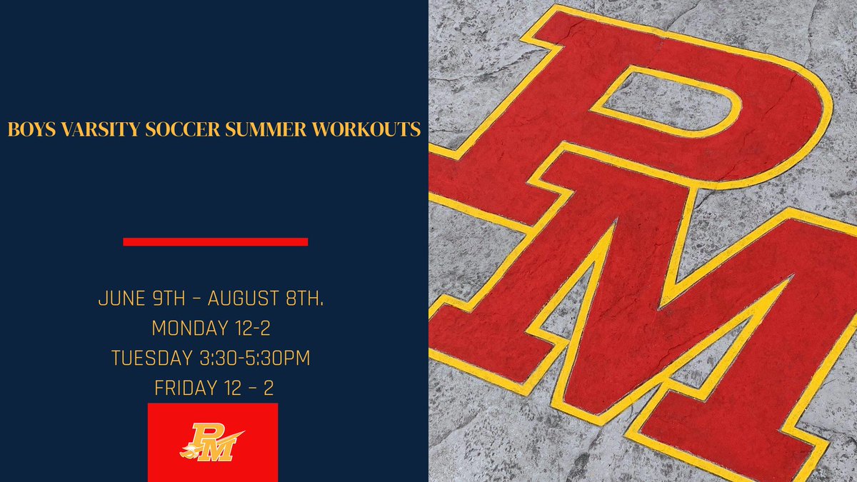 The grind starts June 9th. Times have changed. Monday and Friday 12 -2. Tuesday 3:30 - 5:30. Men's Soccer summer workouts  are three sessions per week to build strength, skill, and team chemistry. See you on the pitch.