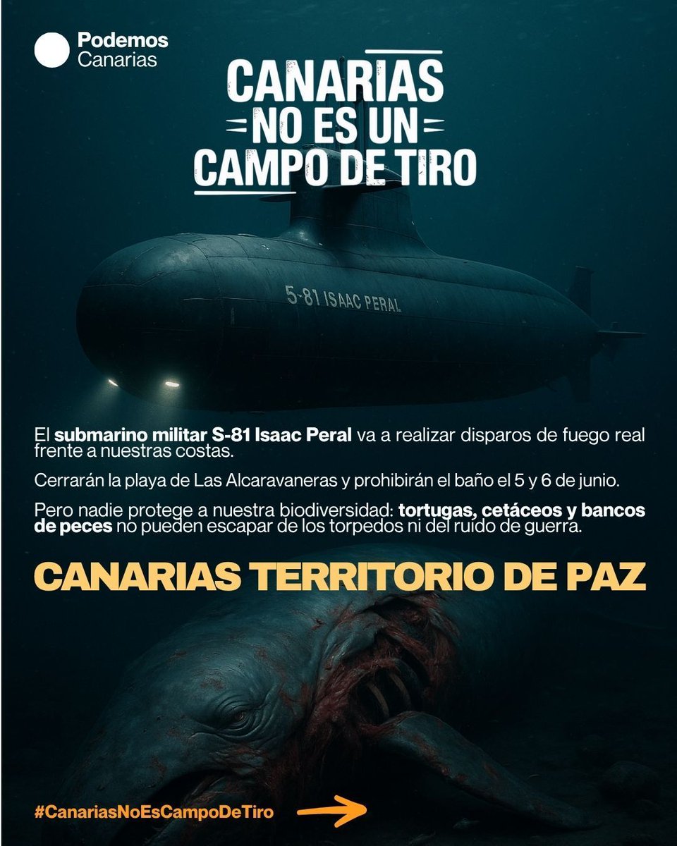🌊🐋 El submarino militar S-81 Isaac Peral viene a disparar fuego real frente a nuestras costas.
El 5 y 6 de junio cerrarán la playa de Las Alcaravaneras, pero las tortugas, delfines y peces no pueden escapar del estruendo de los torpedos.
🛑 #CanariasNoEsCampoDeTiro