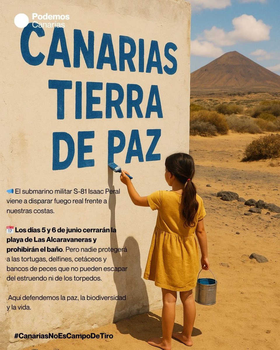 Canarias no es un campo de entrenamiento militar.
Nuestra tierra y nuestro mar merecen respeto, no bombas.
Rechazamos que conviertan las islas en zona de guerra.
Por la vida, la paz y nuestro futuro:
NO a la OTAN, NO a la militarización.
#CanariasPorLaPaz #OTANNo