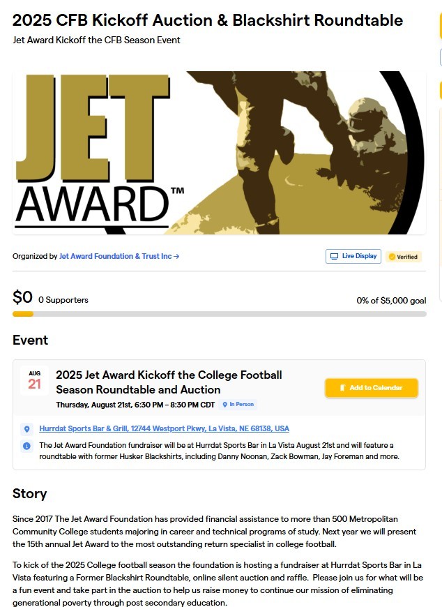 Mike'l Severe (@mikelsevere) on Twitter photo We're excited about this summer's Jet Award CFB kickoff roundtable and auction. It's August 21st <a href="/hurrdatsportbar/">Hurrdat Sports Bar</a> in La Vista. This year we're having a Blackshirt roundtable with <a href="/jasonpeter/">Jason Peter</a>, <a href="/foreman5644/">Jay Foreman</a>, <a href="/DannyNoonan95/">Danny Noonan</a> and Zack Bowman.
Lots of great online auction items too! We're excited about this summer's Jet Award CFB kickoff roundtable and auction. It's August 21st <a href="/hurrdatsportbar/">Hurrdat Sports Bar</a> in La Vista. This year we're having a Blackshirt roundtable with <a href="/jasonpeter/">Jason Peter</a>, <a href="/foreman5644/">Jay Foreman</a>, <a href="/DannyNoonan95/">Danny Noonan</a> and Zack Bowman.
Lots of great online auction items too!