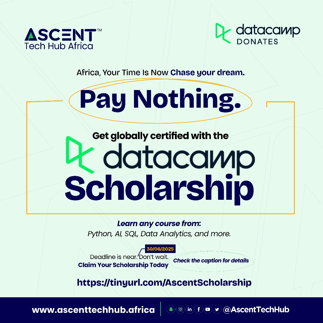 🚨 Struggling to break into tech due to high fees?

Ascent Tech Hub Africa &amp; DataCamp are giving 100% FREEaccession

📅 Apply by June 31, 2025

Limited slots act fast!
🎓 Apply now: tinyurl.com/AscentScholars…

#AscentTechHub #Ascent #TechCareer #1MillionMinusOne #Scholarship