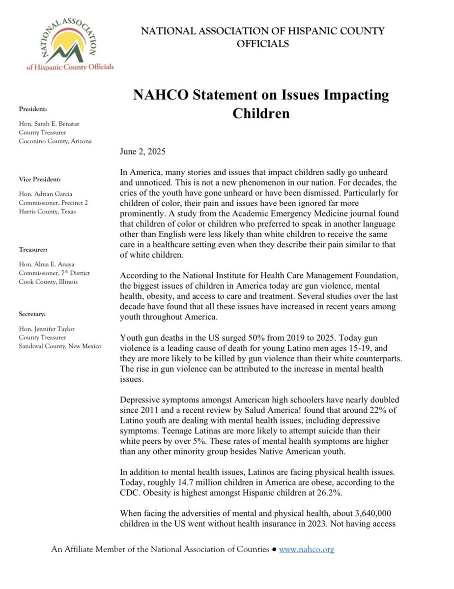 NAHCOInc's tweet photo. NAHCO Statement on Issues Impacting Children: “NAHCO will consistently highlight the issues and concerns of the healthcare system in the US…[and] advocate to expand access to affordable healthcare.” https://t.co/nBEoNQmpl9