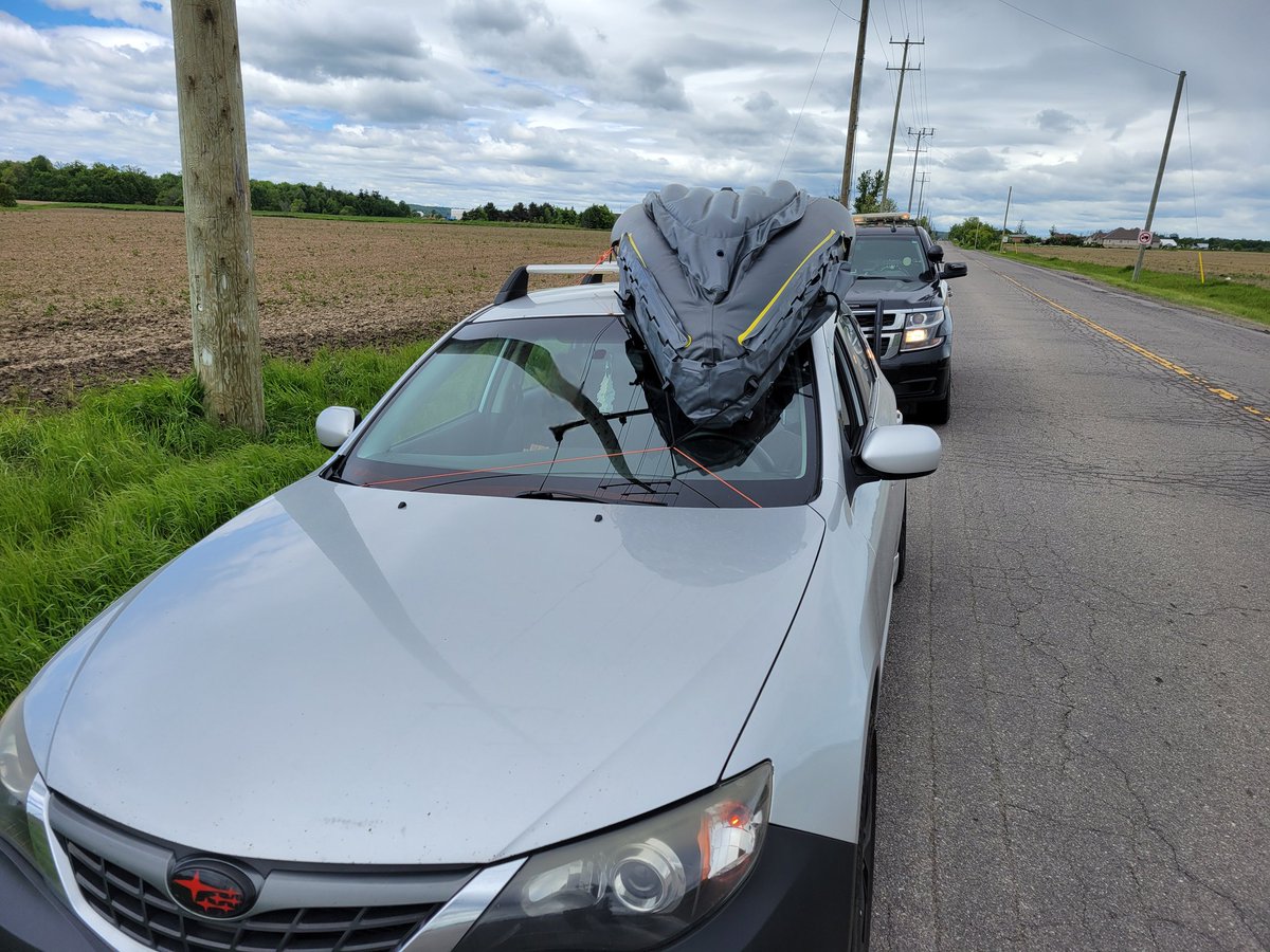 The #CaledonOPP have charged a driver with No Clear View To Front after a Traffic Unit member stopped this motorist for having an inflatable canoe tied onto their windshield. Don't have your fun times deflated by getting a ticket. #drivesafe @townofcaledon ^im