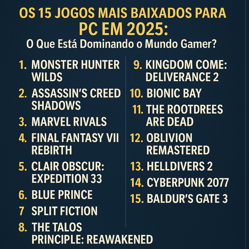 CSOUZA0908's tweet photo. 🎮 Os 15 Jogos Mais Baixados para PC em 2025: O Que Está Dominando o Mundo Gamer?
https://t.co/CVfXusiPvN 
#ClairObscurExpedition33
#AssassinsCreedShadows
#Cyberpunk2077
#SplitFiction
#FinalFantasyVIIRebirth
#BionicBay
#MonsterHunterWilds
#BluePrince
#MarvelRivals https://t.co/C8Jp91Ghku