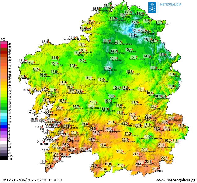 Notouse o descenso de temperaturas máximas📉nesta xornada coa entrada de masas de aire máis frescas desde o #Atlántico, con valores máis altos na metade sur e por debaixo dos 15ºC no norte.
