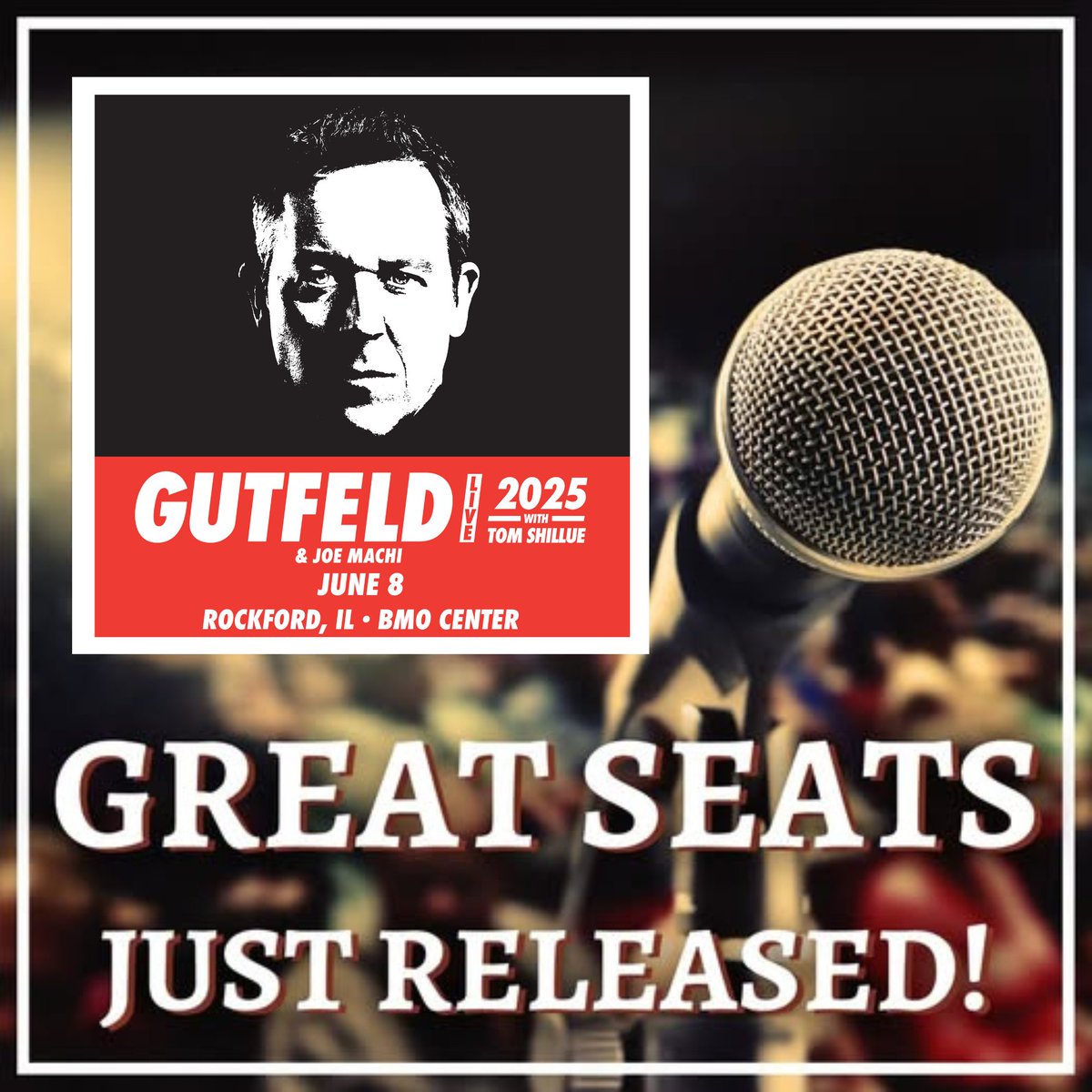 BMO Center (@bmocenter) on Twitter photo ‼️GREAT SEATS JUST RELEASED‼️
Greg Gutfeld is coming to the BMO Center on Sunday, June 8th at 3PM! Get great seats before they're taken! 
🎟 >>> spr.ly/6015NCAV5 ‼️GREAT SEATS JUST RELEASED‼️
Greg Gutfeld is coming to the BMO Center on Sunday, June 8th at 3PM! Get great seats before they're taken! 
🎟 >>> spr.ly/6015NCAV5