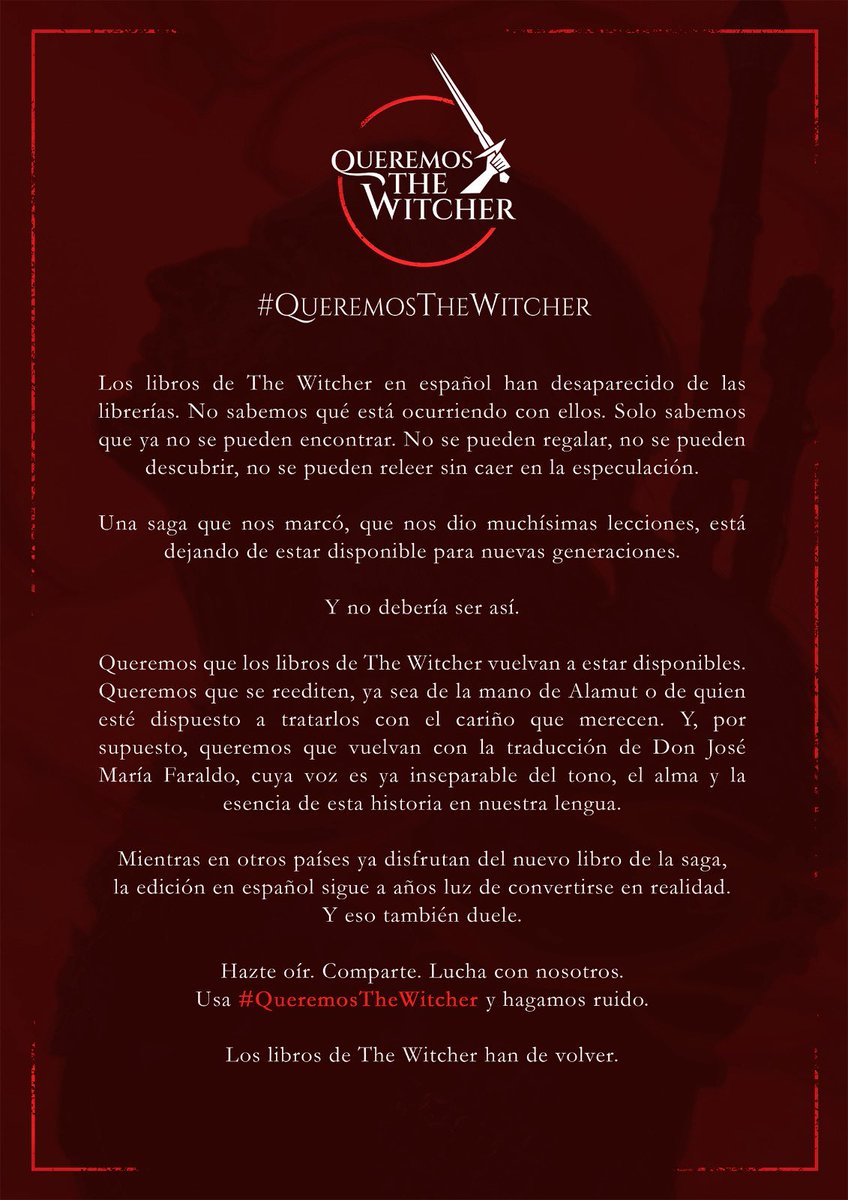 𝔖𝔦𝔯 𝔊𝔯𝔦𝔪𝔡𝔞𝔯k 🌋🐦🔥 (@mickeyispurple) on Twitter photo Los libros de The Witcher en español llevan años desaparecidos. Nadie dice nada.
Pero no podemos quedarnos callados.
Síguenos en <a href="/QueremosWitcher/">Queremos The Witcher</a> y usa #QueremosTheWitcher para que nos escuchen ⚔️ Los libros de The Witcher en español llevan años desaparecidos. Nadie dice nada.
Pero no podemos quedarnos callados.
Síguenos en <a href="/QueremosWitcher/">Queremos The Witcher</a> y usa #QueremosTheWitcher para que nos escuchen ⚔️