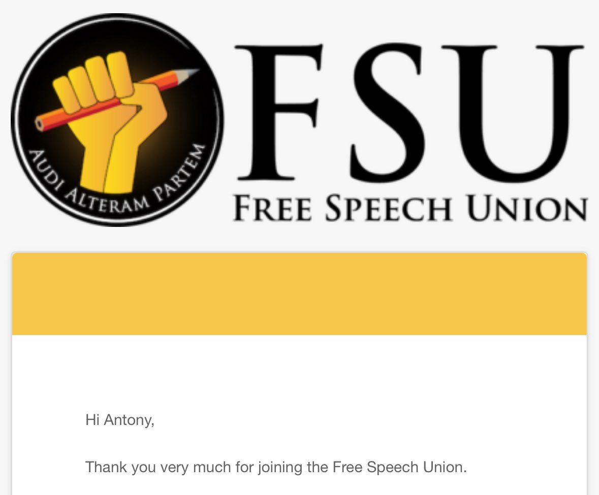 Antony Higginbotham (@antony_hig) on Twitter photo With a slow but clear erosion of free speech taking place in the UK, the work of organisations like <a href="/SpeechUnion/">The Free Speech Union</a> is more important than ever.
Pleased to have joined them today. With a slow but clear erosion of free speech taking place in the UK, the work of organisations like <a href="/SpeechUnion/">The Free Speech Union</a> is more important than ever.
Pleased to have joined them today.