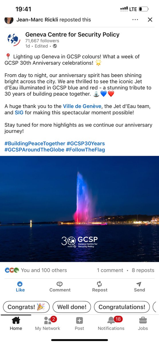 karimbitar's tweet image. 🌍 💙 ❤️ 12 years ago, I joined the Geneva Centre for Security Policy as an Associate Fellow

So it was especially moving to see @VilledeGeneve’s iconic Jet d’Eau lit up in @TheGCSP colours!

Looking forward to giving my next lecture there on June 18!

#GCSP30Years #FollowTheFlag