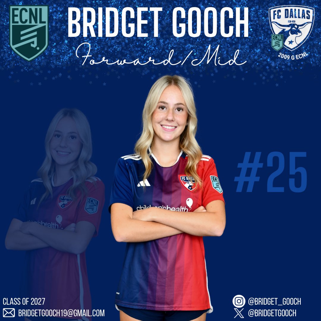 FC Dallas 2009G ECNL (U16) (@fcdallas09gecnl) on Twitter photo Meet our Forwards! (In Jersey # Order)
🔟 2027 - Catelyn <a href="/catedemoor10/">Catelyn de Moor</a>
1️⃣5️⃣ 2027 - Sophie <a href="/sophie_poodle15/">Sophie Preston</a>
1️⃣9️⃣ 2027 - Layla <a href="/laylaiglesias19/">Layla Iglesias</a>
2️⃣5️⃣ 2027 - Bridget <a href="/BridgetGooch/">Bridget Gooch</a>
#DTID <a href="/FCDGirlsECNL/">FC Dallas Girls ECNL</a> | <a href="/ECNLgirls/">ECNL Girls</a> Meet our Forwards! (In Jersey # Order)
🔟 2027 - Catelyn <a href="/catedemoor10/">Catelyn de Moor</a>
1️⃣5️⃣ 2027 - Sophie <a href="/sophie_poodle15/">Sophie Preston</a>
1️⃣9️⃣ 2027 - Layla <a href="/laylaiglesias19/">Layla Iglesias</a>
2️⃣5️⃣ 2027 - Bridget <a href="/BridgetGooch/">Bridget Gooch</a>
#DTID <a href="/FCDGirlsECNL/">FC Dallas Girls ECNL</a> | <a href="/ECNLgirls/">ECNL Girls</a>