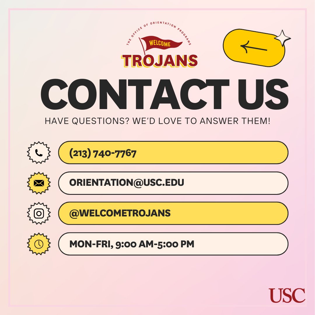 WelcomeTrojans's tweet photo. Have a question about USC Orientation Programs? Feel free to reach out to us either by phone or email! ✌️ https://t.co/M0i1CVyxlW