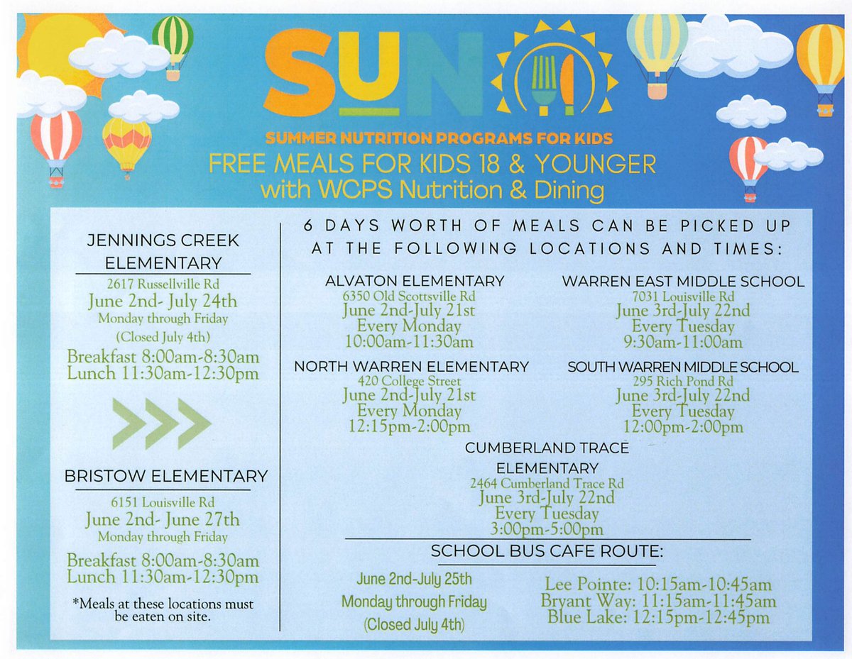 Please see the attachment for our summer meal schedule, which includes daily meals, the School Bus Cafe and the availability of multiple meal pickups for children 18 and younger during June and July. #WCPSFeeds