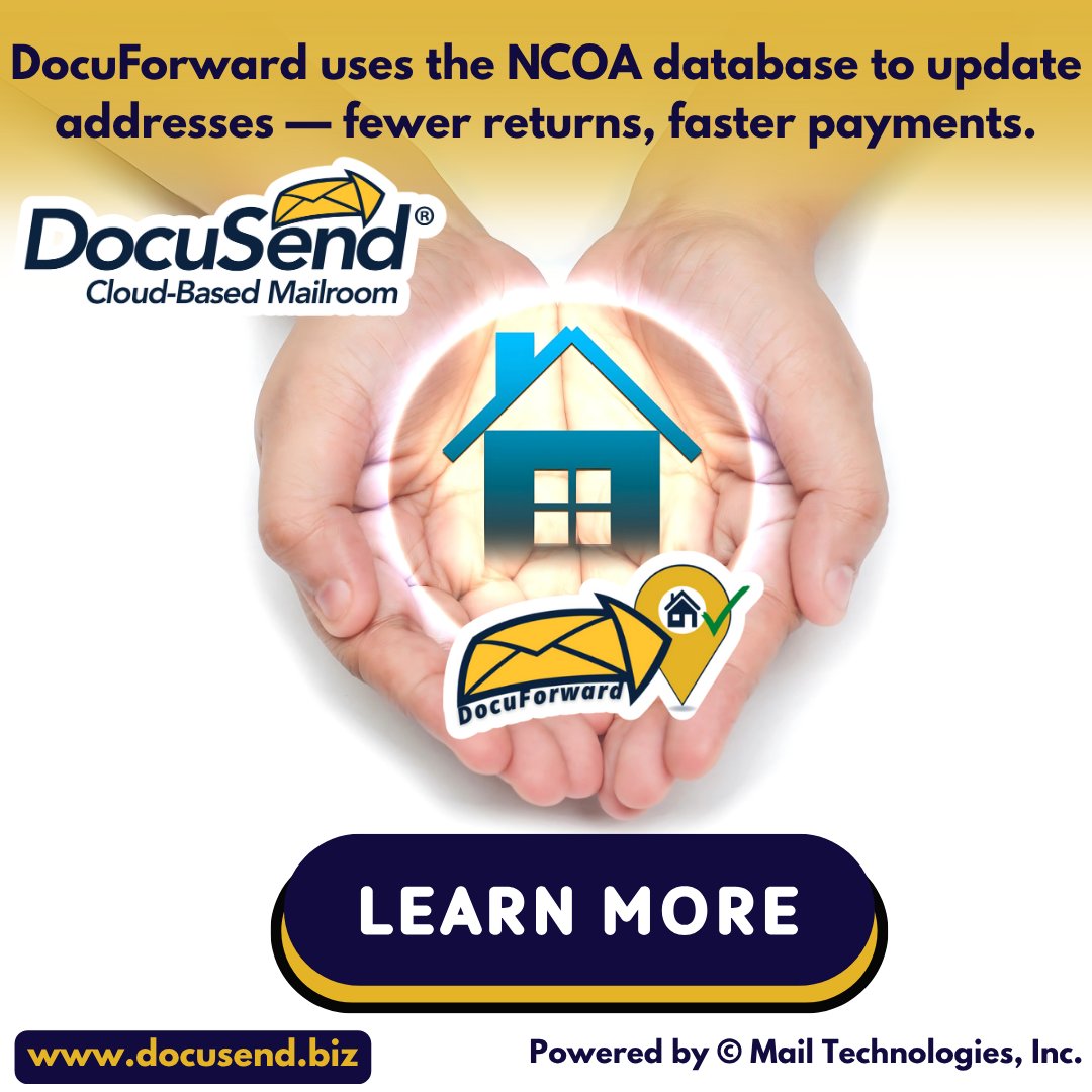 DocuSendMail's tweet image. Returned mail slows you down. DocuForward (NCOA service) updates your mailing list for free, so invoices stay on track and business keeps growing. 
Learn more. 👇🔎 docusend.biz/DocuForward-ma… #NCOA #invoice