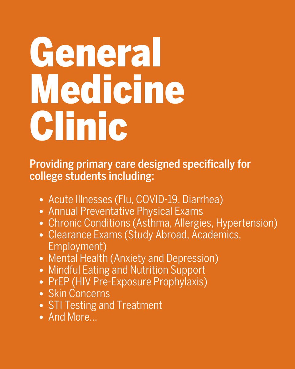 Healthyhorns's tweet image. At the UHS General Medicine Clinic, our providers specialize in primary care designed specifically for college students.
Learn more about what we offer at General Medicine here: buff.ly/b0HnmEB.