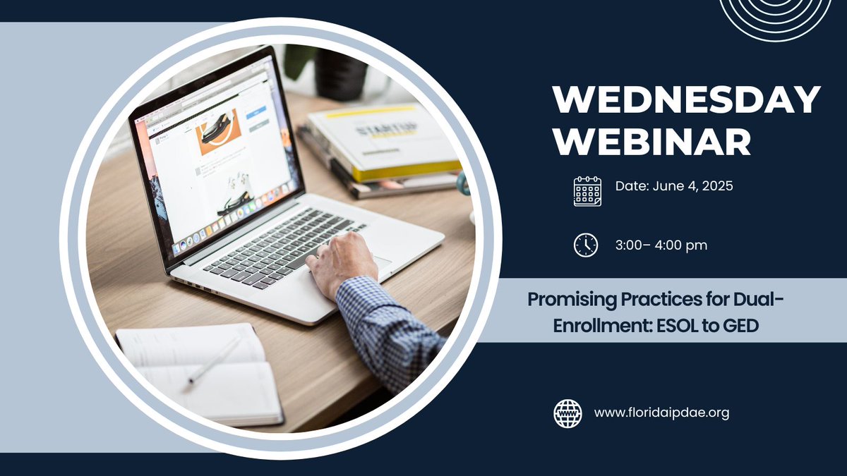 First June Webinar, Wednesday 6/4: Promising Practices for Dual-Enrollment: ESOL to GED. In this session learn how the integration of ESOL students in GED preparation courses benefits the students &amp; your program by using a dual-enrollment model. More info: bit.ly/3imZqLl