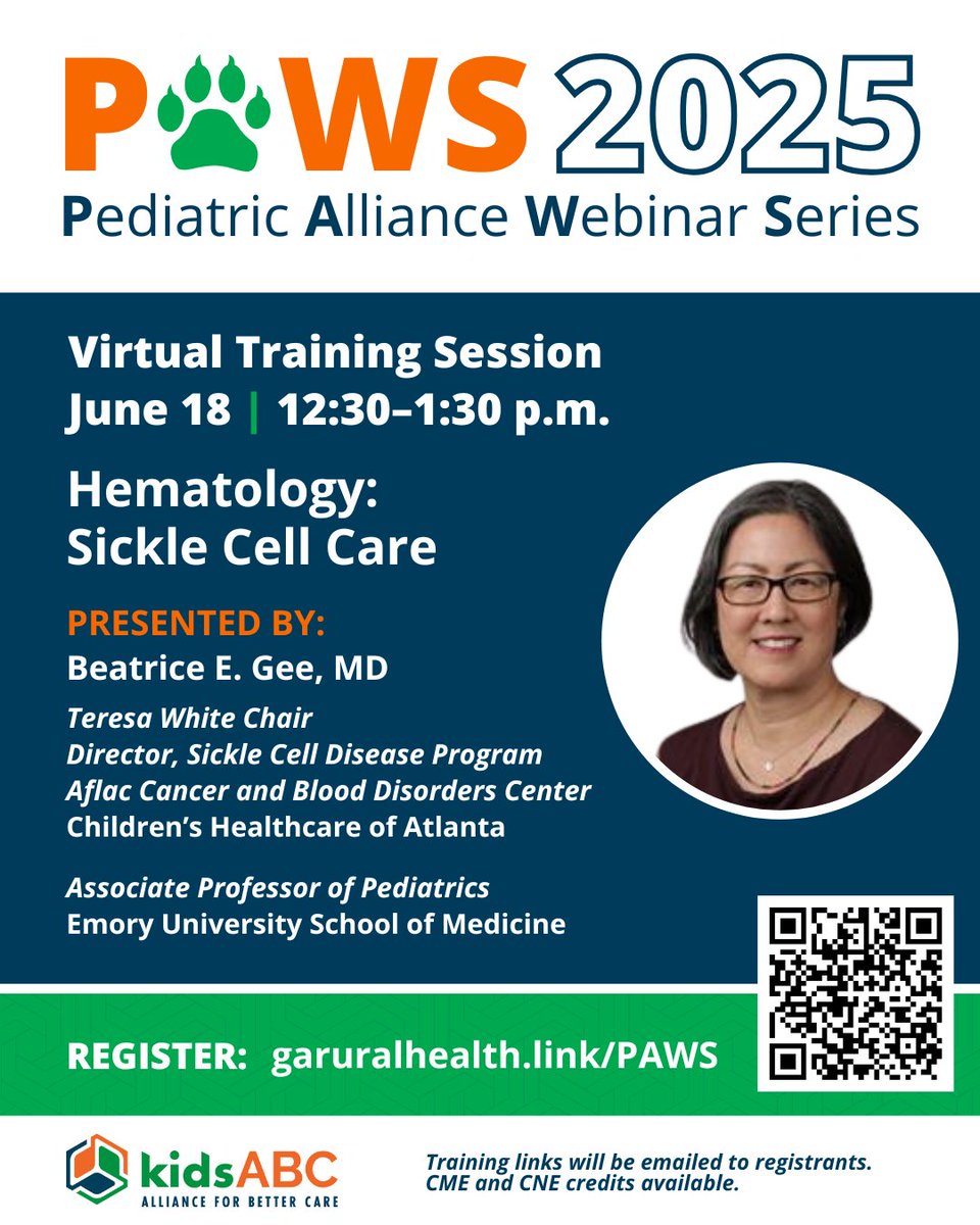 On June 18, Beatrice E. Gee, MD, a hematology expert, will conduct a free training session on blood disorders. The session is part of the Pediatric Alliance Webinar Series, a monthly series with subject matter experts on various topics.. Register today: garuralhealth.link/PAWS