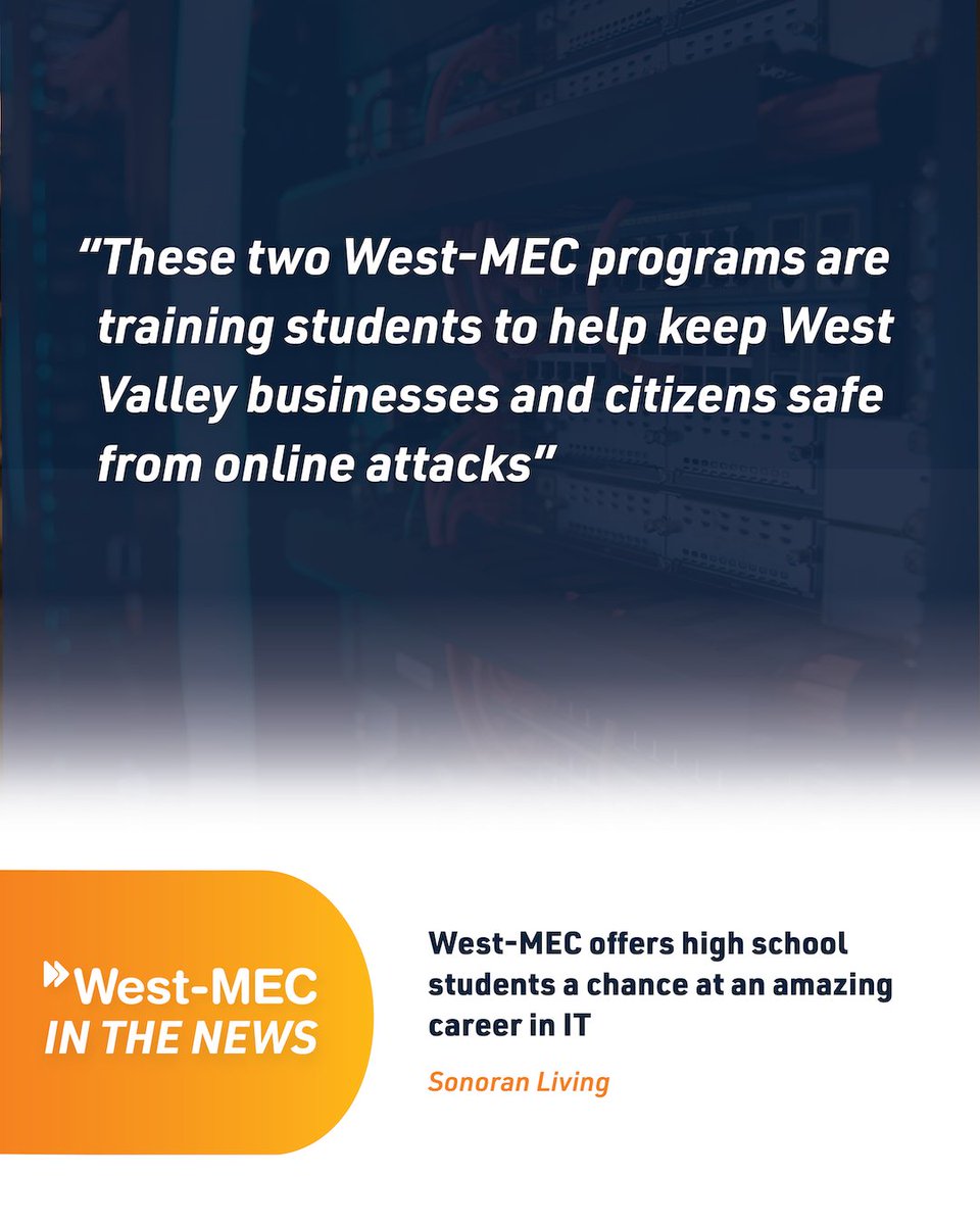 🔸 West-MEC in the News 📰 🔸

West-MEC's Cloud Technology and IT Security programs were recently featured on a Sonoran Living segment.

To learn more, make sure to click the link 🔗 in our bio and scroll to the "West-MEC in the News" section.

#WestMEC #CareerTechEd
