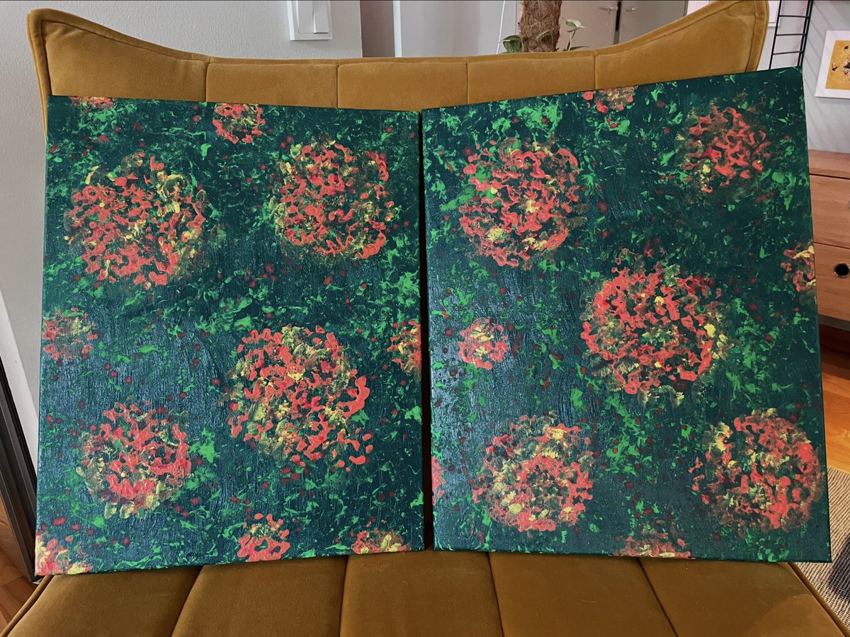 Pitkästä aikaa maalausharrastuksen parissa. Syntyi ystävälle ”Kesäyö puutarhassa”. 🌿🧡 Mitä pidätte?