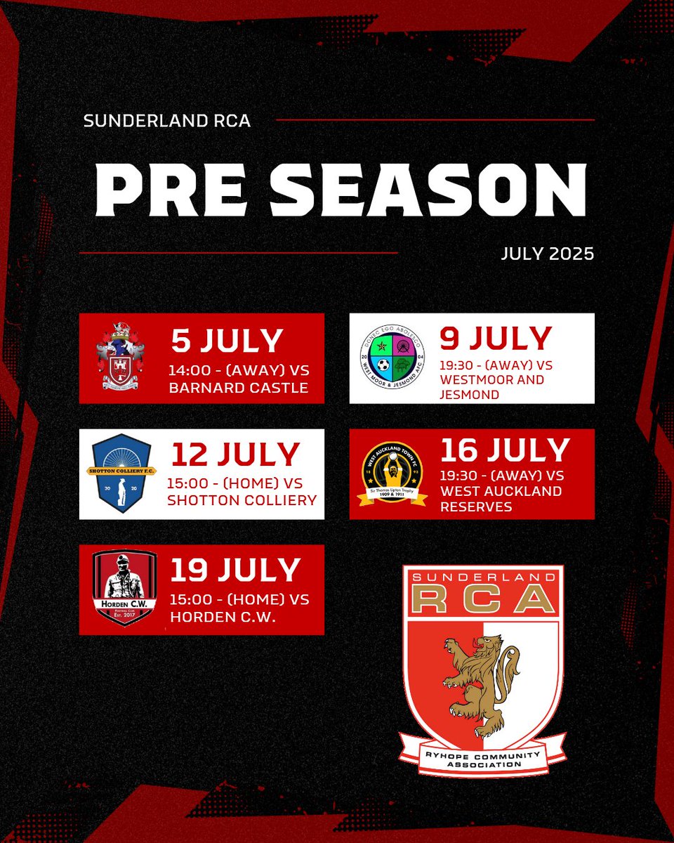 📢 Sunderland RCA Pre-Season Confirmed!

We’re all set for the 2025 pre-season with a strong line-up of games, home and away. 

🗓️ Plenty of chances to back the lads,  let’s build momentum together for the upcoming season!

📍 Full fixture list in the image below

#RCA