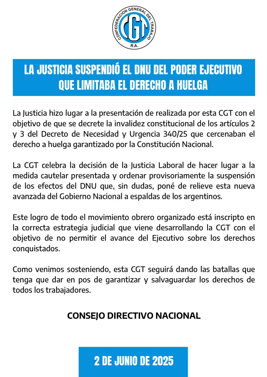 👉🏼 LA JUSTICIA SUSPENDIÓ EL DNU DEL PODER EJECUTIVO QUE LIMITABA EL DERECHO A HUELGA