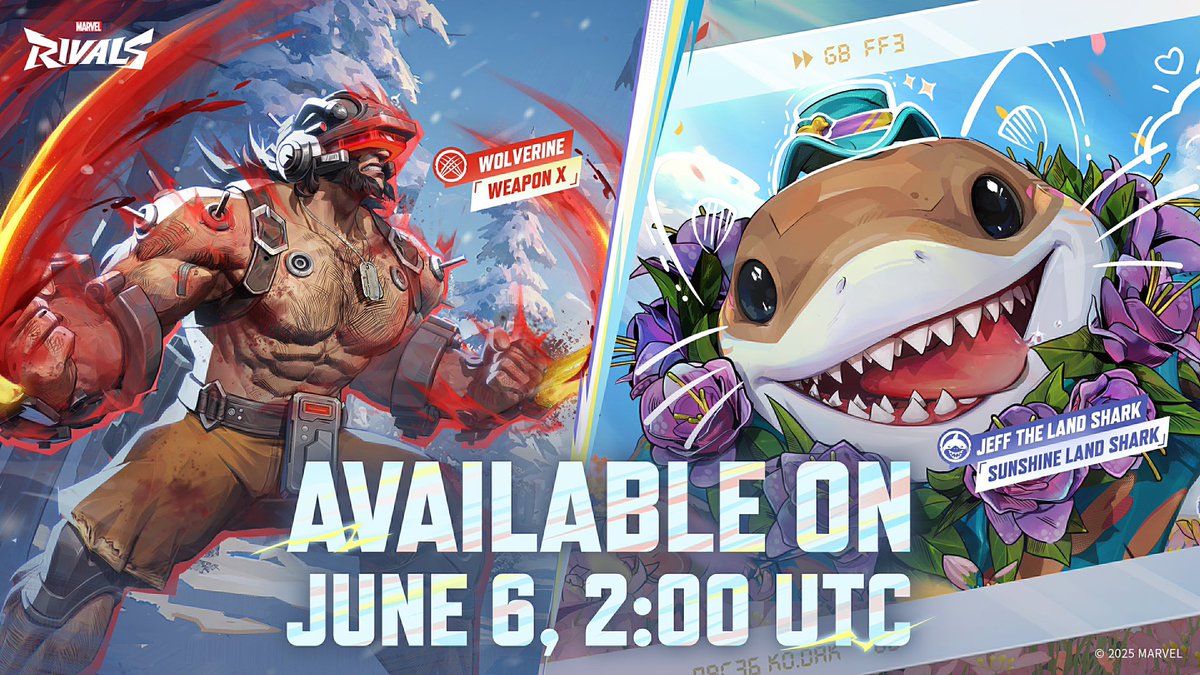 MRivalsMedia's tweet photo. 🚨NEW: Wolverine’s Weapon X and Jeff the Land Shark’s Sunshine Land Shark skins are coming to #MarvelRivals 

📅 Available: June 5 at 7:00 PM PDT! https://t.co/tKNUKXEChj