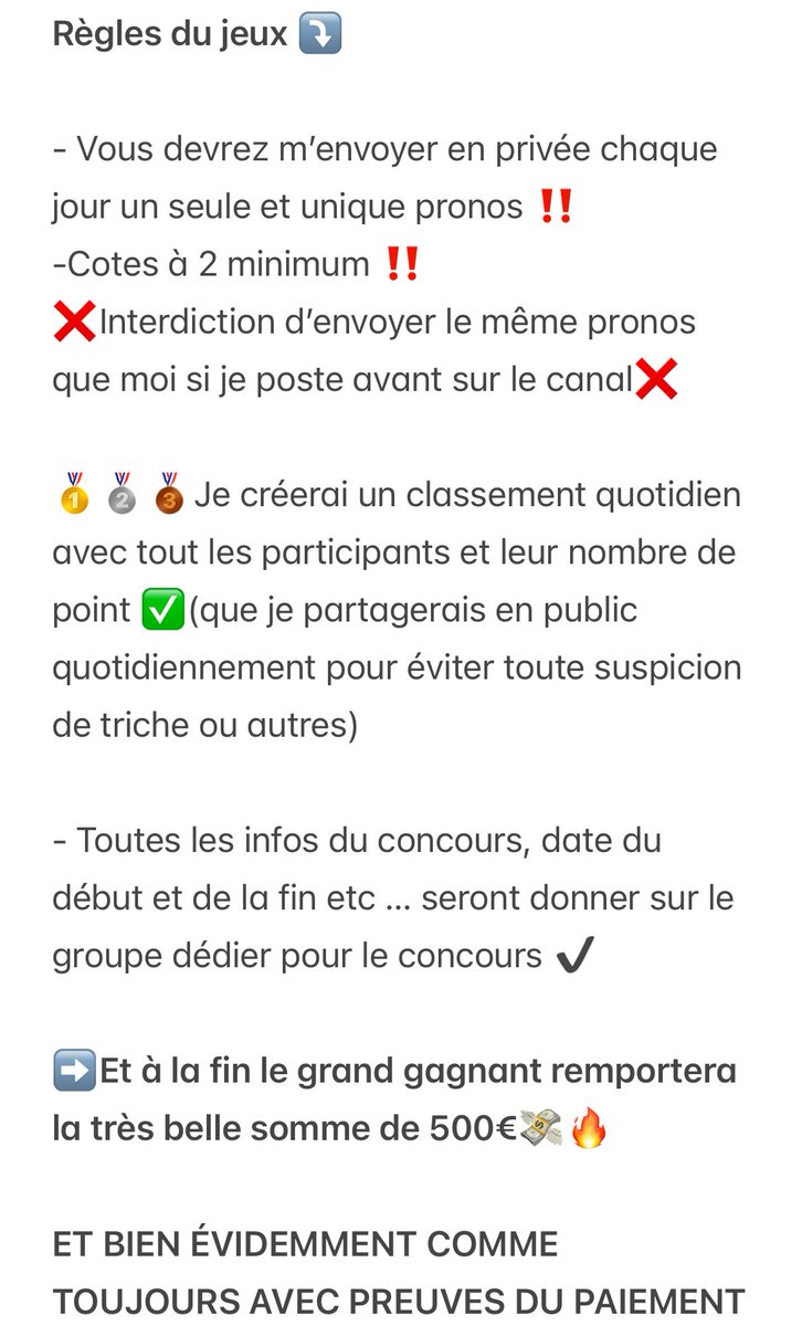 goat_bp's tweet image. CONCOURS DU MEILLEUR PRONOSTIQUEUR 🏆

➡️ 500€ a remporté 💰

15 PARTICIPANTS SERONT SÉLECTIONNÉES 

Conditions :

 ⁃Liker le tweet ✔️
 ⁃Être abonné à mon X et sur mon canal telegram en bio✔️
 ⁃Republier le tweet ✔️

Tout se passera directement sur Telegram .