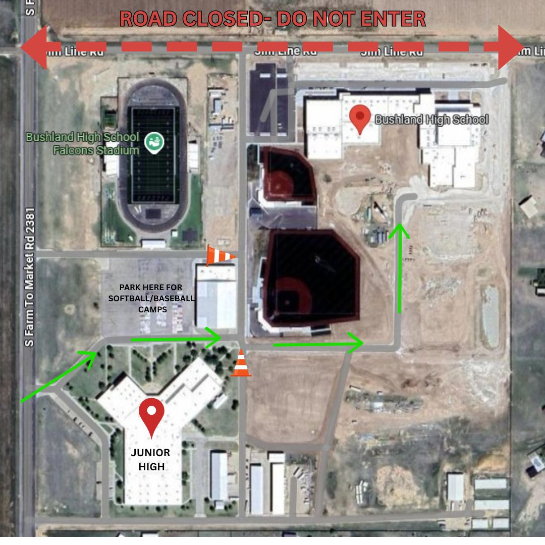 Jim Line Road is currently closed. Please use the route marked with green arrows to access the Junior High and High School.
We'll keep you updated as the project moves forward.