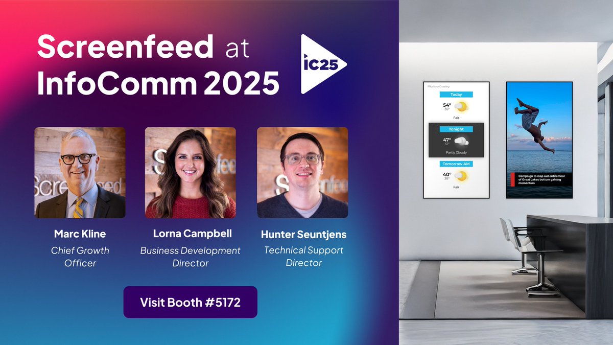 Screenfeed Content (@screenfeed) on Twitter photo Discover dynamic, engaging content solutions at #InfoComm2025 that drive value and boost business goals. π 
We'll be presenting:
β Striking new weather designs
β One-click feed configuration 
β Simplified integration
Book a booth meeting: na2.hubs.ly/y0dGKg0 Discover dynamic, engaging content solutions at #InfoComm2025 that drive value and boost business goals. π 
We'll be presenting:
β Striking new weather designs
β One-click feed configuration 
β Simplified integration
Book a booth meeting: na2.hubs.ly/y0dGKg0