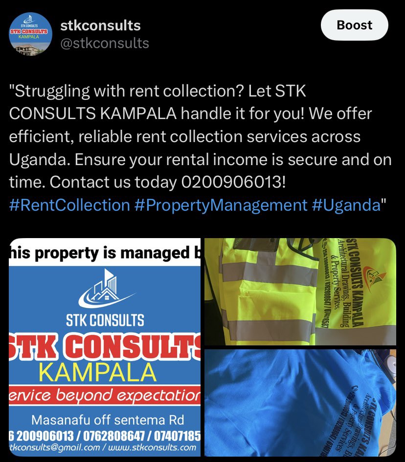 stkconsults's tweet photo. @Kabugo_ For professional services 
We are open or reach us out on +256200906013/0762808647 https://t.co/NvHJatsP6M