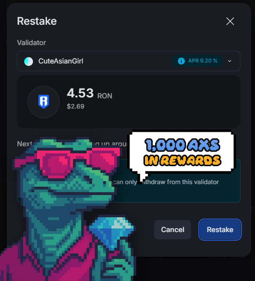MrBask.ron โก | $CAG (@baskolait) on Twitter photo ๐ Only 30 days left until the end of Q2
<a href="/thetickeriscag/">Cute Asian Girl $CAG</a> validator will be distributing 1000 AXS to its stakers ๐ธ
๐ The longer you keep your $RON staked in the CAG validator, the higher your share of the rewards will be
OP wallet wonโt be participating in this distribution, ๐ Only 30 days left until the end of Q2
<a href="/thetickeriscag/">Cute Asian Girl $CAG</a> validator will be distributing 1000 AXS to its stakers ๐ธ
๐ The longer you keep your $RON staked in the CAG validator, the higher your share of the rewards will be
OP wallet wonโt be participating in this distribution,