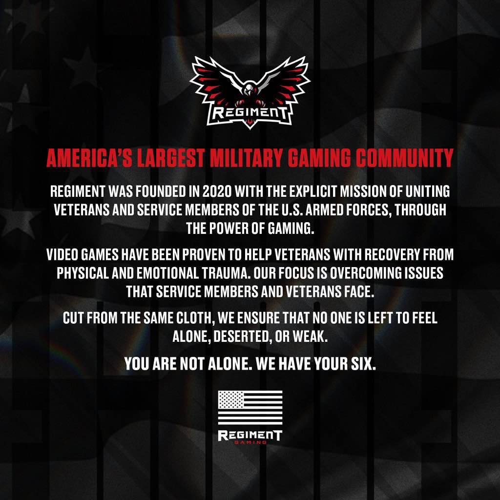 RegimentGG's tweet photo. FALL IN!  

Please join us in welcoming the newest members of REGIMENT! 🇺🇸

@CraftycrapL 
@VinyllScratch20 
@Darryl256 
@blakewinder 
@oXmorbid 
@Shadoweaving 
@mikedionis 
@SLaYeRsFx 
@WarriorGameTYT 
@MatthewDenakis 
@C_Conley815 

#TheREGIMENT https://t.co/frA6c9oVNS