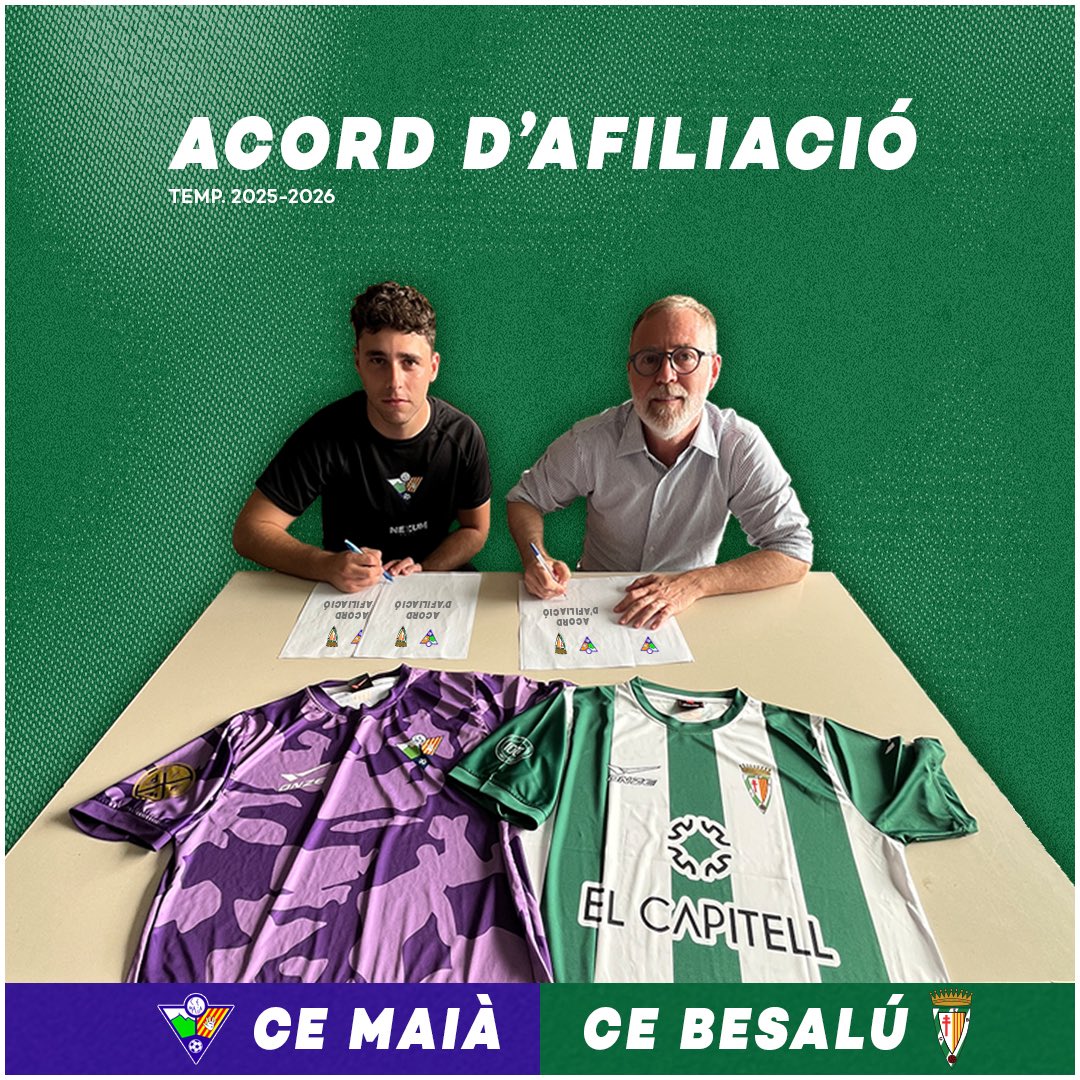 Club Esportiu Besalú (@cebesalu) on Twitter photo 💚🤝🏻💜
Anunciem l’acord d’afiliació que hem arribat el CE Besalú (<a href="/CEBesalu/">Club Esportiu Besalú</a>) i el CE Maià (<a href="/CEMAIA2020/">CLUB ESPORTIU MAIÀ 🚜⚽</a>) 📝
Sumem les forces de dos pobles veïns per seguir disfrutant del futbol de manera conjunta⚽️💪🏼
#AmuntBesalú💚 #SomLiles💜 #FemPoble⚽️ 💚🤝🏻💜
Anunciem l’acord d’afiliació que hem arribat el CE Besalú (<a href="/CEBesalu/">Club Esportiu Besalú</a>) i el CE Maià (<a href="/CEMAIA2020/">CLUB ESPORTIU MAIÀ 🚜⚽</a>) 📝
Sumem les forces de dos pobles veïns per seguir disfrutant del futbol de manera conjunta⚽️💪🏼
#AmuntBesalú💚 #SomLiles💜 #FemPoble⚽️