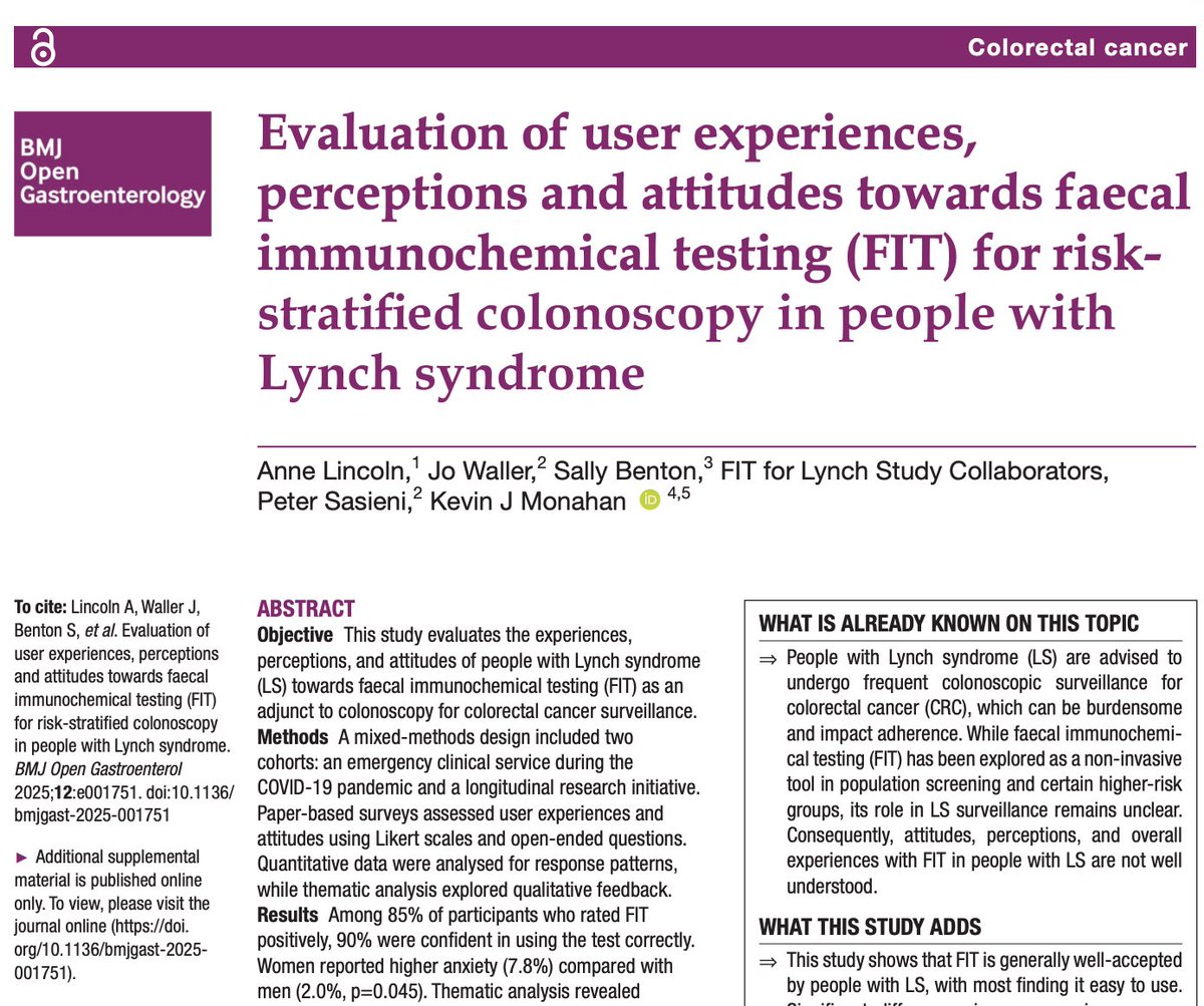 BMJ Open Gastro (@bmjopen_gastro) on Twitter photo Read the paper by Lincoln et al on
"Evaluation of user experiences, perceptions and attitudes towards faecal immunochemical testing (FIT) for risk-stratified colonoscopy in people with Lynch syndrome" via
bit.ly/4jsYKBi
<a href="/kevinjmonahan/">Kevin Monahan</a> #LynchSyndrome #ColorectalCancer Read the paper by Lincoln et al on
"Evaluation of user experiences, perceptions and attitudes towards faecal immunochemical testing (FIT) for risk-stratified colonoscopy in people with Lynch syndrome" via
bit.ly/4jsYKBi
<a href="/kevinjmonahan/">Kevin Monahan</a> #LynchSyndrome #ColorectalCancer