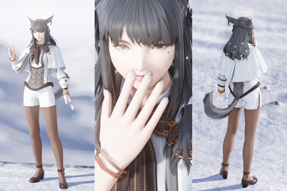 #파판룩템 #FF14 

🌟천사의 머리장식(진주색/숯검정색)
🌟남작 재킷(순백색/순백색)
🌟섬휴양객 손목장식(회색)
🌟동방 미희 속곳(순백색/두더지색)
🌟메이드 구두(두더지색)