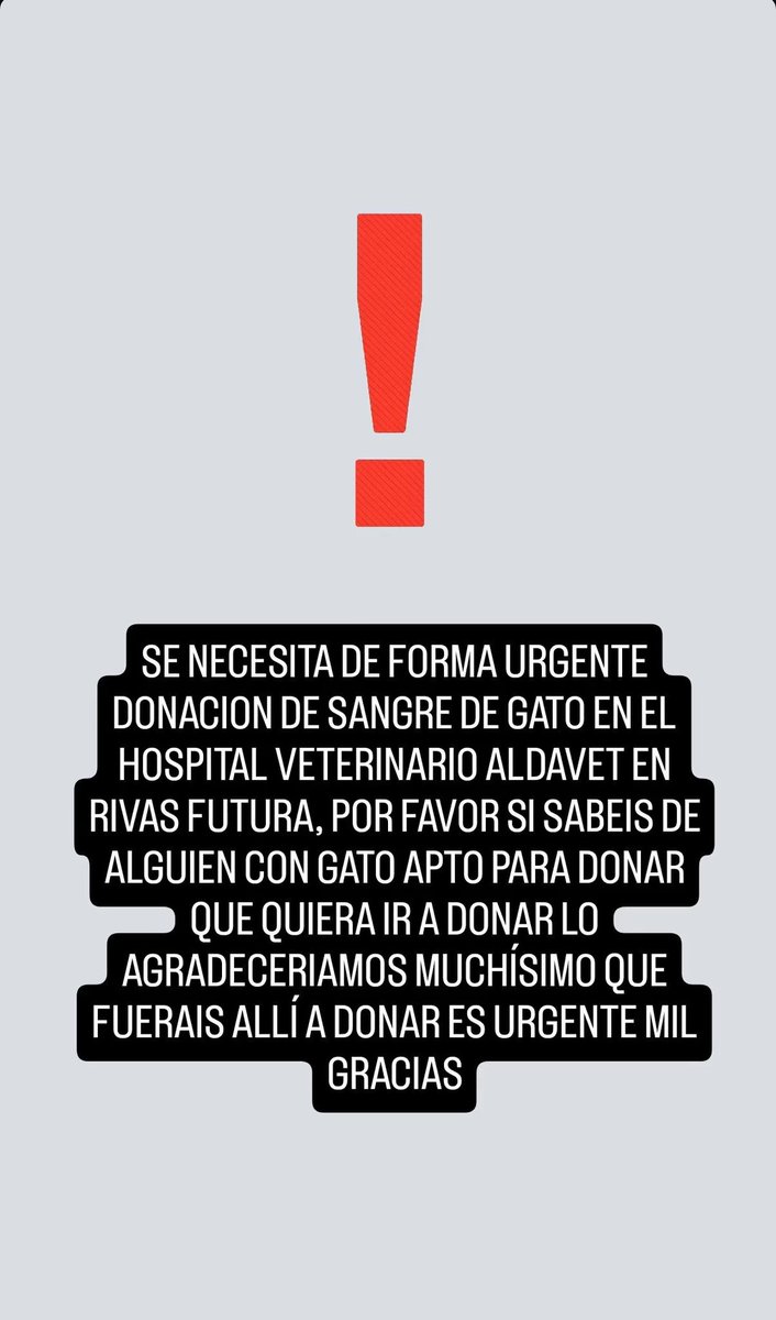 Necesitamos donación de sangre de gato en #RivasFutura 

Agradecemos RT ❤️‍🩹