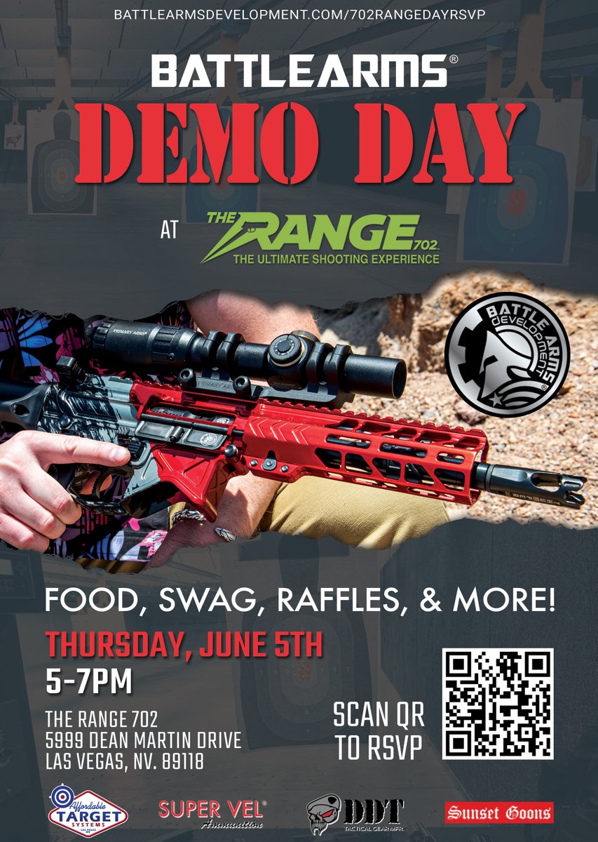 BattleArmsDev's tweet image. Come get your hands on our guns and shoot the lightest AR15 in production! We're having a demo day hosted by our friends at The Range 702. This FREE event is this Thursday, June 5th, 5-7pm. We'll have food, swag, raffles, &amp;amp; more. Come shoot! RSVP at battlearmsdevelopment.com/702rangedayrsvp.