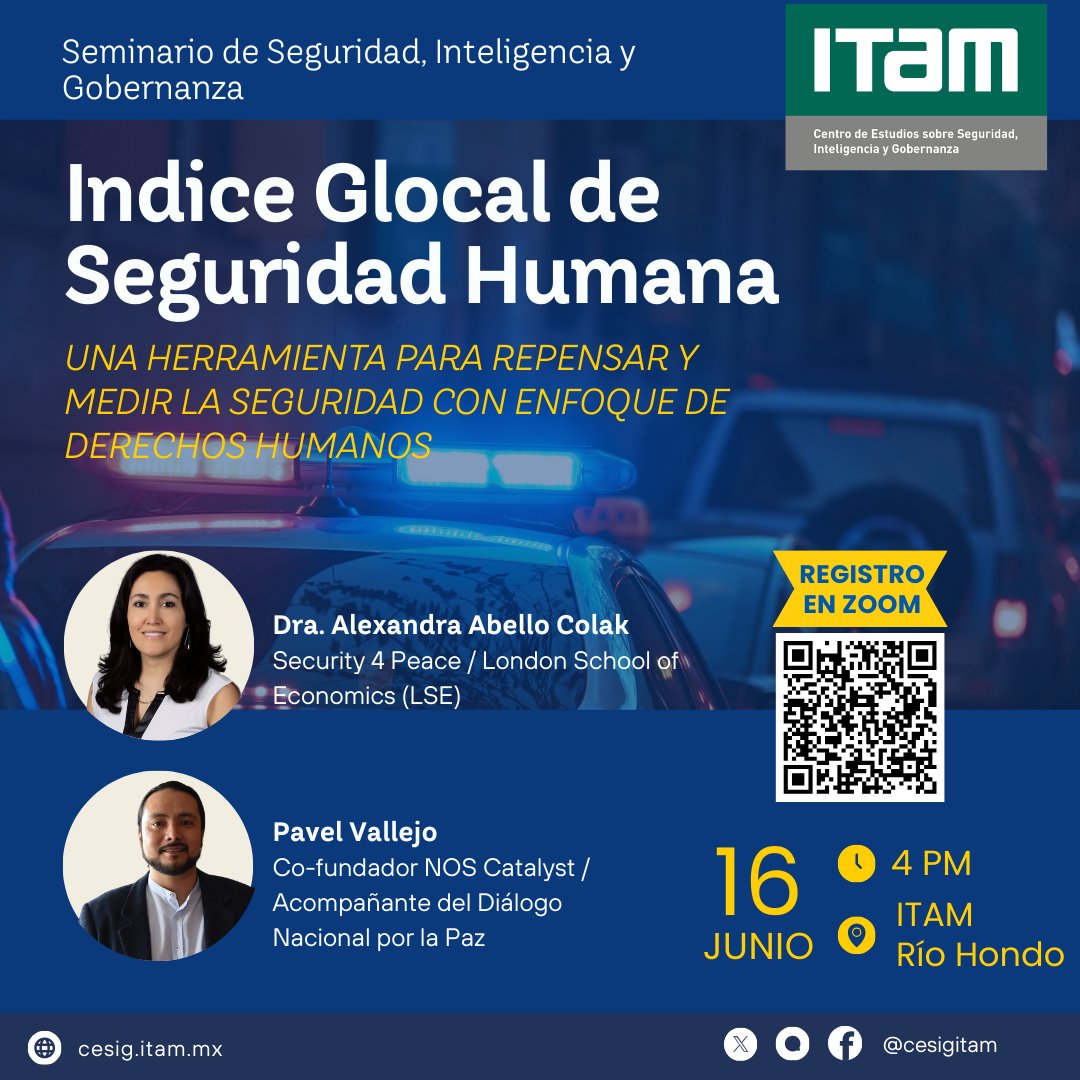 CESIG-ITAM (@cesigitam) on Twitter photo Y si no hemos medido la seguridad bien en los últimos años? Qué pasaría si integráramos las dimensiones locales y globales de la inseguridad con un enfoque en DDHH?
Acompañanos a descubrirlo en el próximo #SeminarioCESIG con <a href="/AbelloColak/">Alexandra Abello Colak</a> y Allan Pavel Vallejo.
APARTA LA FECHA Y si no hemos medido la seguridad bien en los últimos años? Qué pasaría si integráramos las dimensiones locales y globales de la inseguridad con un enfoque en DDHH?
Acompañanos a descubrirlo en el próximo #SeminarioCESIG con <a href="/AbelloColak/">Alexandra Abello Colak</a> y Allan Pavel Vallejo.
APARTA LA FECHA