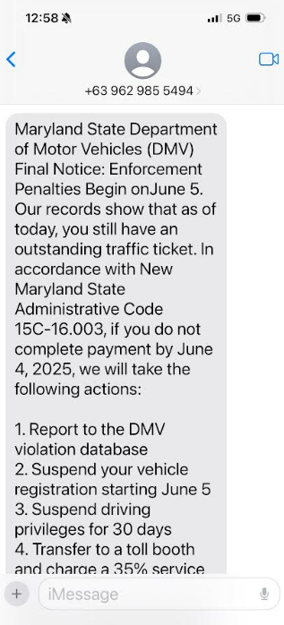 ‼️SCAM ALERT ‼️We’ve received reports of a text message claiming to be from the Maryland State Department of Motor Vehicles demanding immediate payment. This is a scam.

- The MD DMV will never demand payment via text message or ask you to click suspicious links.
- Do NOT click
