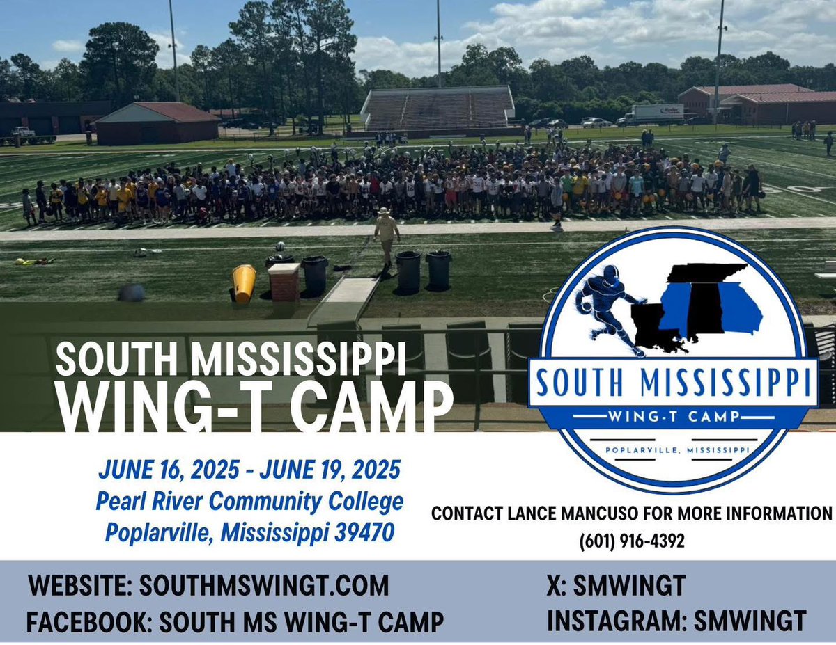 SMWingT's tweet photo. The 2025 South MS Wing-T Camp is here!! Teams can register with the link below! The camp will be held at Pearl River Community College in Poplarville, MS!

Below you will see what each player will need during camp!

Available forms are now available at https://t.co/11ChbXLWJu https://t.co/78Gl7b1BxE