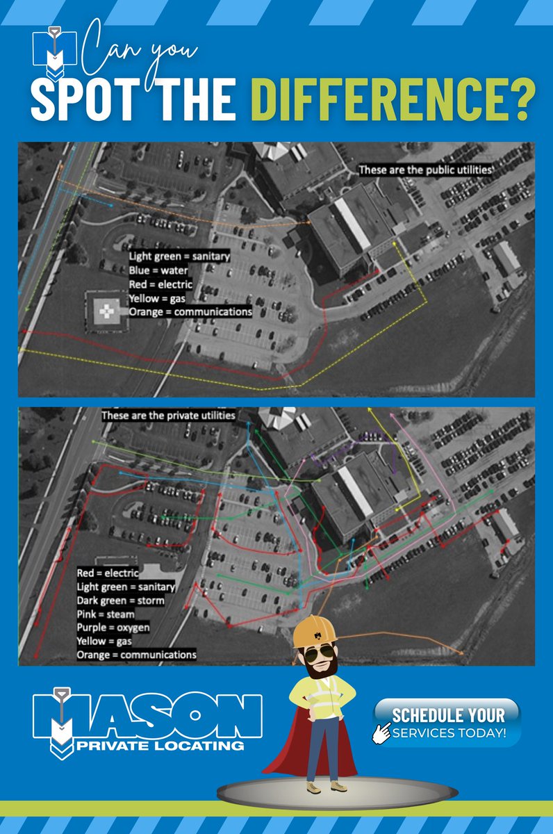 PrivateLocating's tweet image. Can you spot the difference on what utilities would have been missed if #teamMPL wasn't called in to locate privately owned utilities at this hospital? #privatelocating #SpotTheDifference
TeamMPL.com