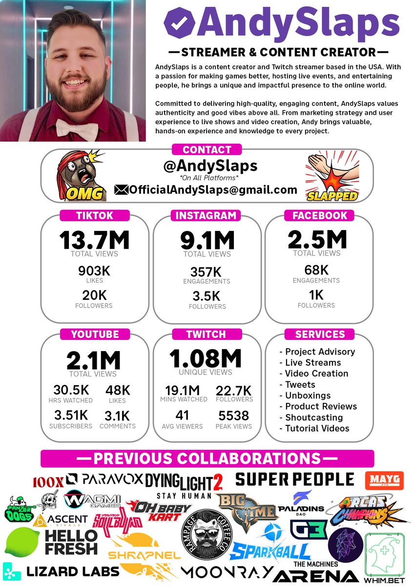 AndySlaps's tweet image. I’m always looking to team up with awesome games and projects — Web2 or Web3.

If you need a content creator, live event host, shoutcaster or trusted advisor to help bring your vision to life, check the one-pager below 👇

Let’s build something that lasts: Dms are Always Open