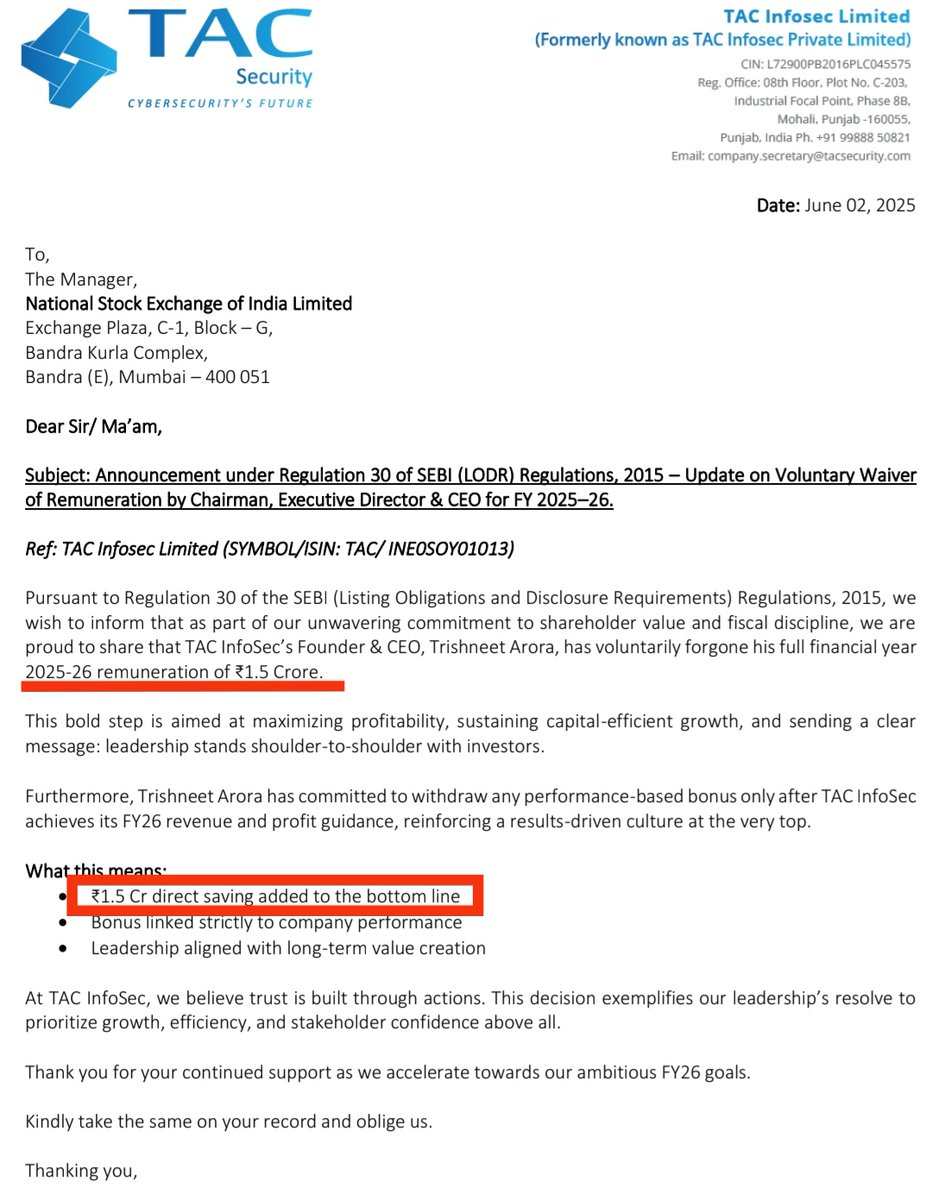 GEMSQUEST's tweet image. #tacinfosec
#TACSECURITY
This is some serious contribution from the mgmt.
1.5cr salary forgone (this adds directly to the bottomline)
Also performance linked incentives only when mgmt achieves fy&apos;26 revenue and profit guidance 
Way to go ✌️