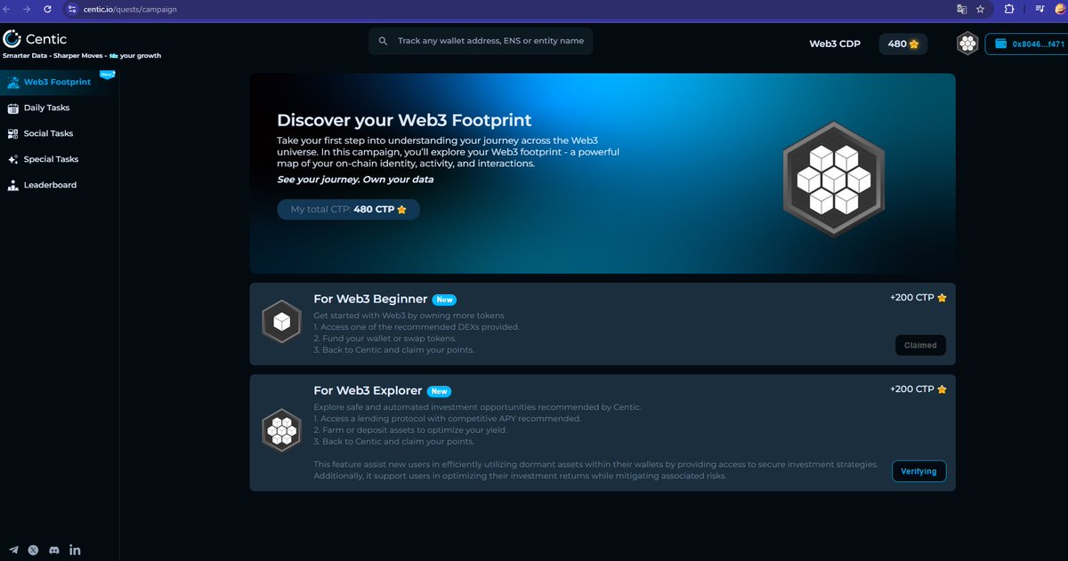 🌐 𝗗𝗶𝘀𝗰𝗼𝘃𝗲𝗿 𝗬𝗼𝘂𝗿 𝗪𝗲𝗯𝟯 𝗙𝗼𝗼𝘁𝗽𝗿𝗶𝗻𝘁 𝘄𝗶𝘁𝗵 𝗖𝗲𝗻𝘁𝗶𝗰
Have you ever wondered about the extent of your activities in the Web3 space? Centic's "Discover Web3 Footprint" initiative offers a unique opportunity to visualize and understand your journey in the