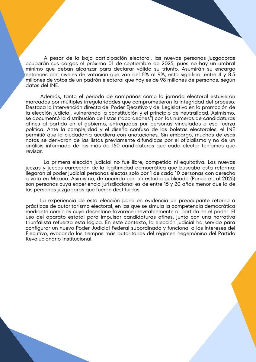 "El 01 de junio de 2025 quedará marcado en la historia política de México como el día en que inicia la consolidación de un nuevo régimen político" Lee la opinión completa de la Dra. Azul Aguiar respecto de las elecciones del Poder Judicial. 👇👇👇

#ElecciónJudicial