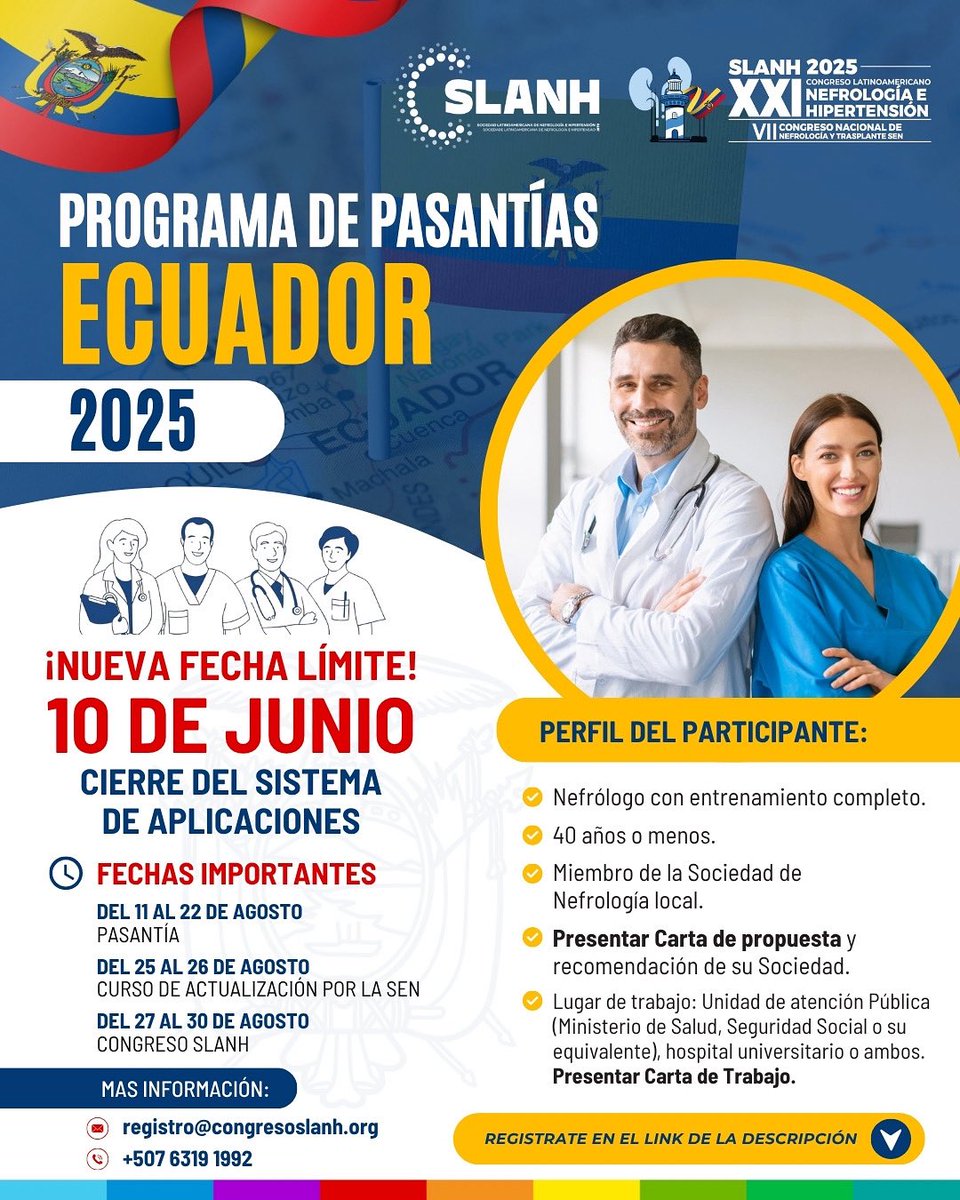📢 ¡ATENCIÓN NEFRÓLOGOS/AS JÓVENES!
🎓🌎 ¡Se amplía la fecha de cierre de aplicaciones para el Programa de Pasantías SLANH 2025!

🗓️ Nueva fecha límite para aplicar: 10 de junio 2025

🔗 Postúlate ahora en: cvent.me/5MVeRK

#SLANH2025 #PasantíasSLANH