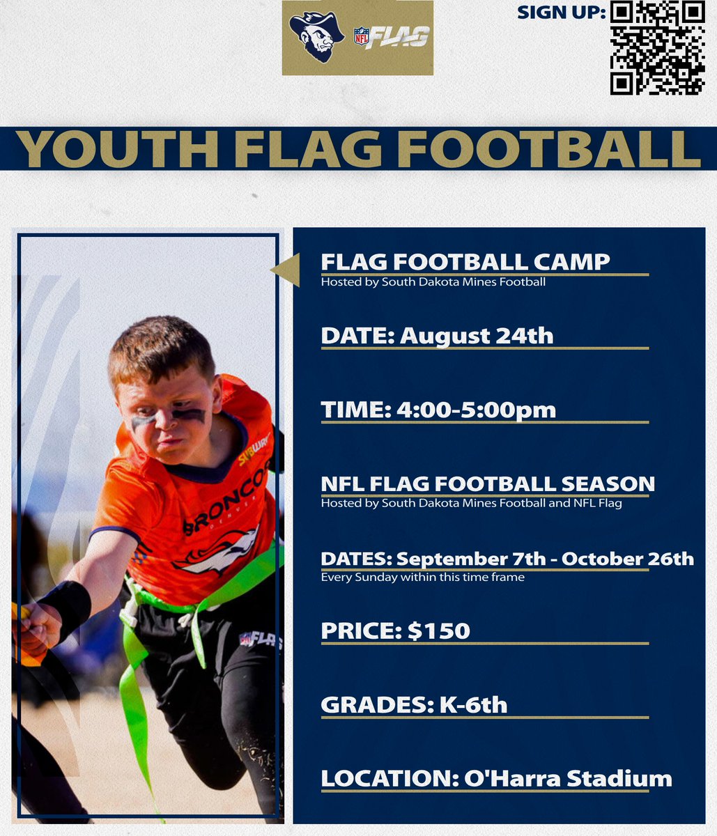 Excited for another season of NFL Youth Flag Football!

Get coached by South Dakota Mines Football players through the season!

Fun and exciting times at the camp as well where you can show off your skills and learn new ones!

Sign up now before it's too late!

#TheHardrockLife